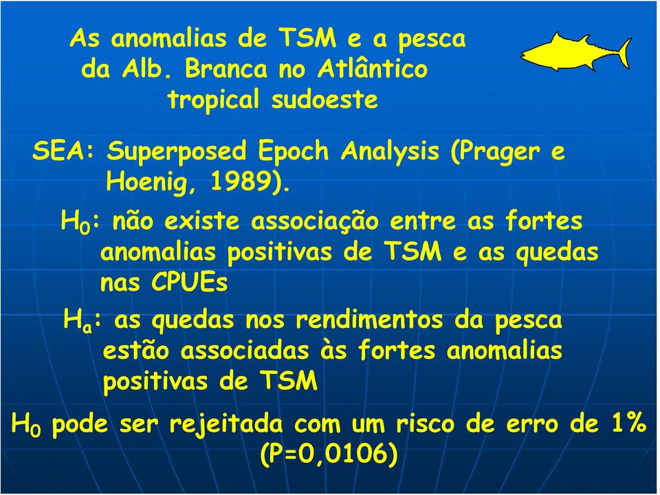 H 0 : não existe associação entre as fortes anomalias positivas de TSM e as quedas nas CPUEs H