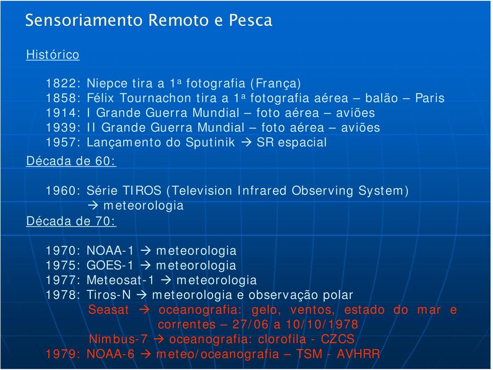 Observing System) meteorologia Década de 70: 1970: NOAA-1 meteorologia 1975: GOES-1 meteorologia 1977: Meteosat-1 meteorologia 1978: Tiros-N meteorologia e observação