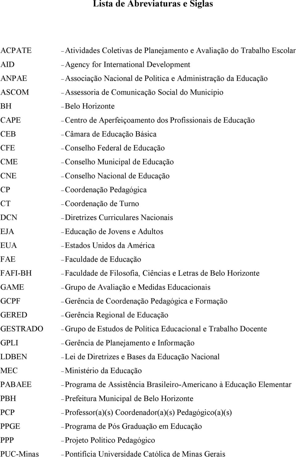 Município Belo Horizonte Centro de Aperfeiçoamento dos Profissionais de Educação Câmara de Educação Básica Conselho Federal de Educação Conselho Municipal de Educação Conselho Nacional de Educação