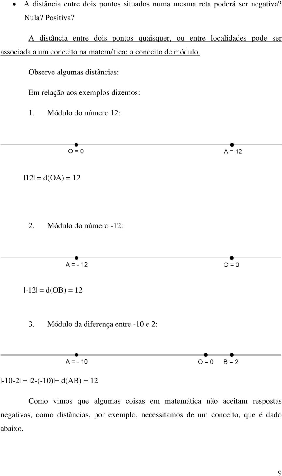 Observe algumas distâncias: Em relação aos exemplos dizemos: 1. Módulo do número 12: 12 = d(oa) = 12 2. Módulo do número -12: -12 = d(ob) = 12 3.