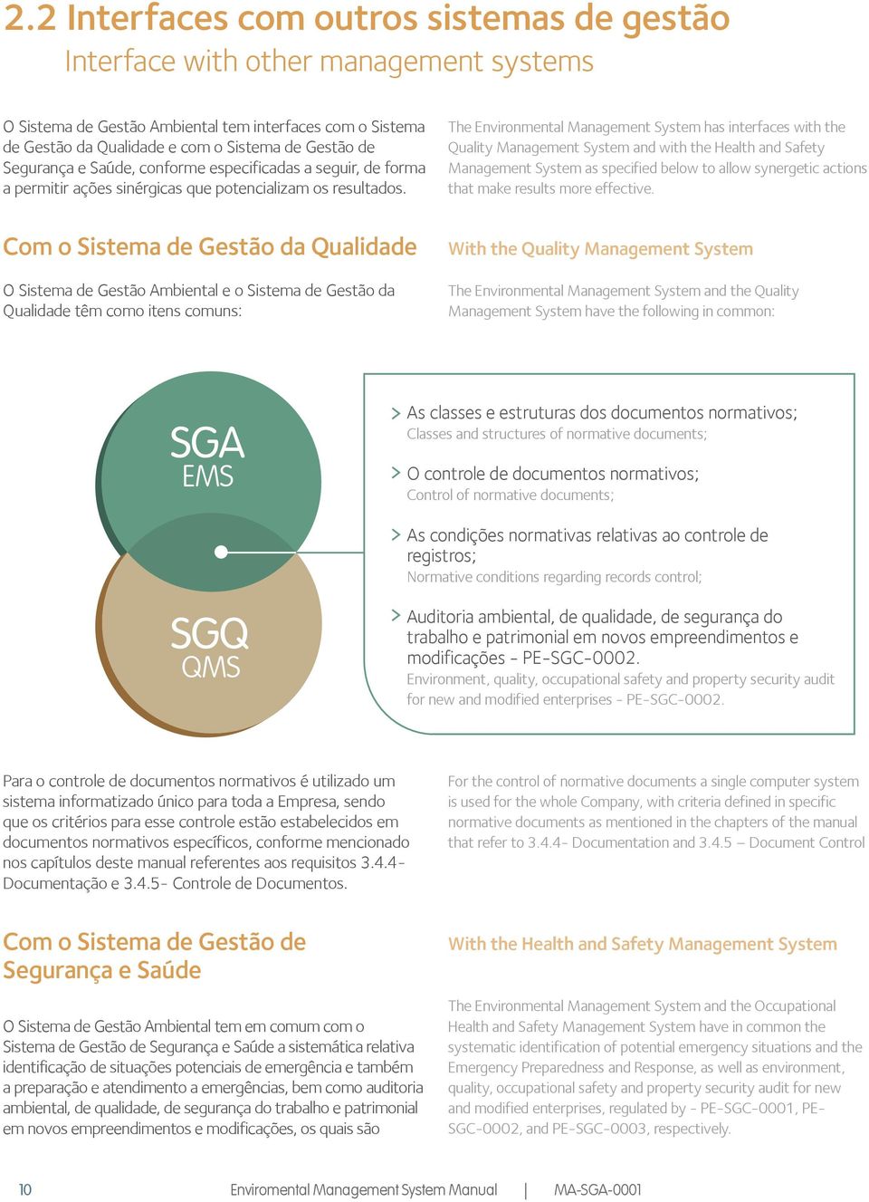 The Environmental Management System has interfaces with the Quality Management System and with the Health and Safety Management System as specified below to allow synergetic actions that make results