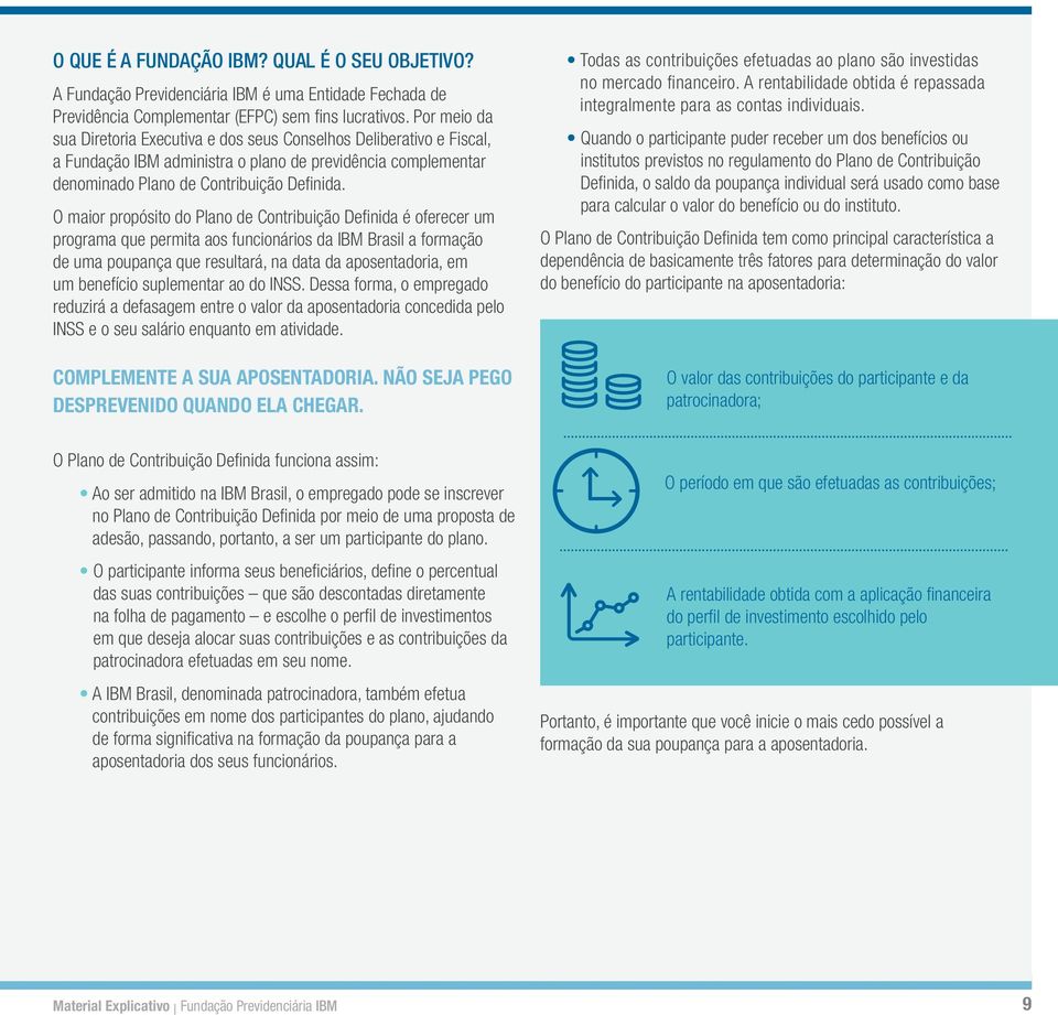 O maior propósito do Plano de Contribuição Definida é oferecer um programa que permita aos funcionários da IBM Brasil a formação de uma poupança que resultará, na data da aposentadoria, em um