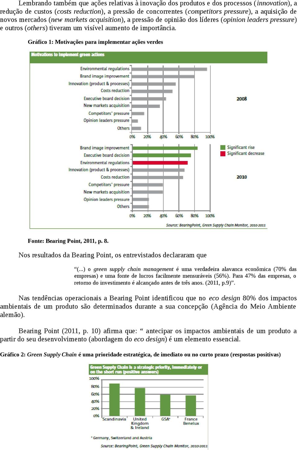 Gráfico 1: Motivações para implementar ações verdes Fonte: Bearing Point, 2011, p. 8. Nos resultados da Bearing Point, os entrevistados declararam que (.