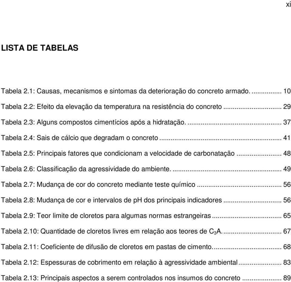 .. 48 Tabela 2.6: Classificação da agressividade do ambiente.... 49 Tabela 2.7: Mudança de cor do concreto mediante teste químico... 56 Tabela 2.