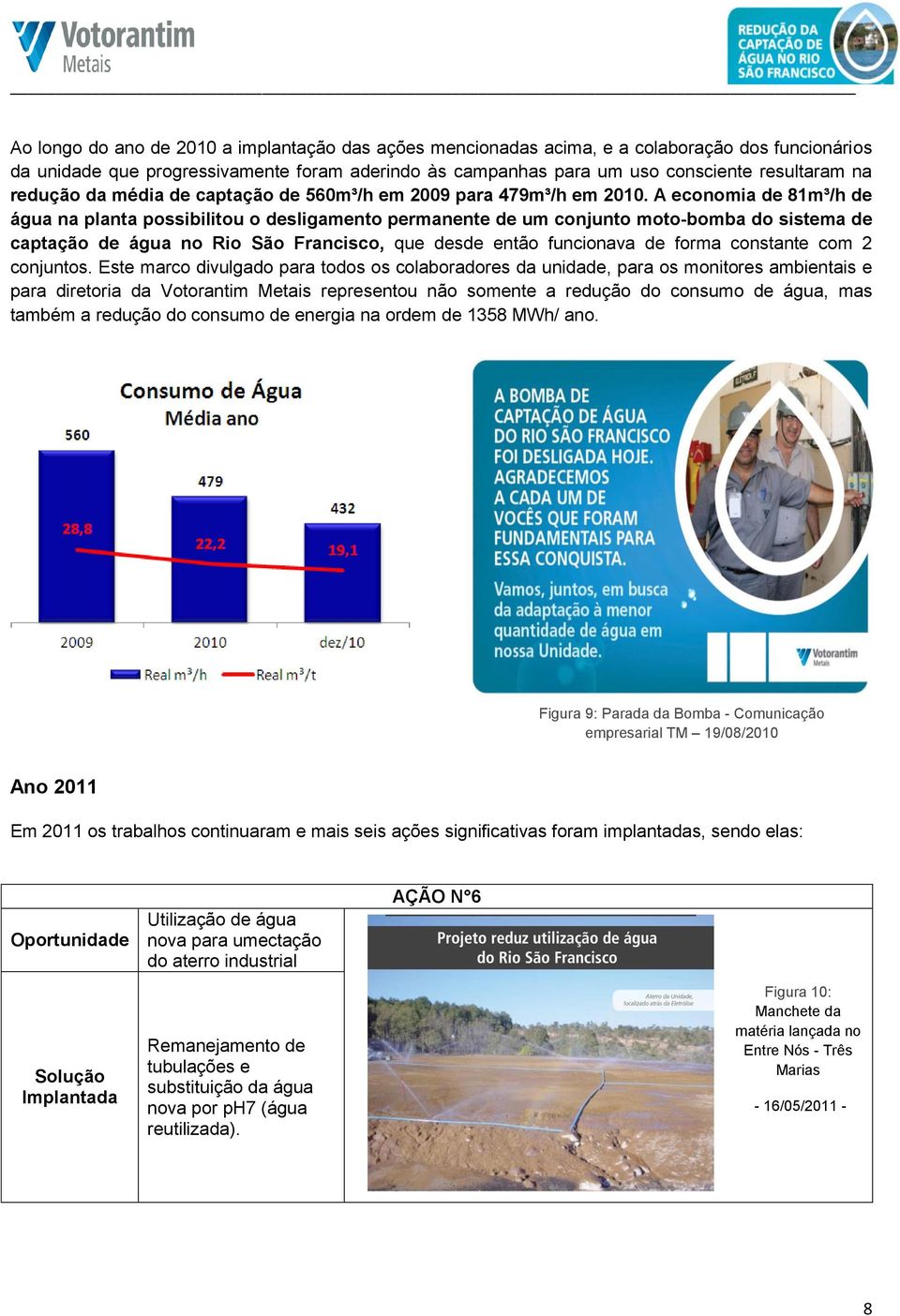 A economia de 81m³/h de água na planta possibilitou o desligamento permanente de um conjunto moto-bomba do sistema de captação de água no Rio São Francisco, que desde então funcionava de forma