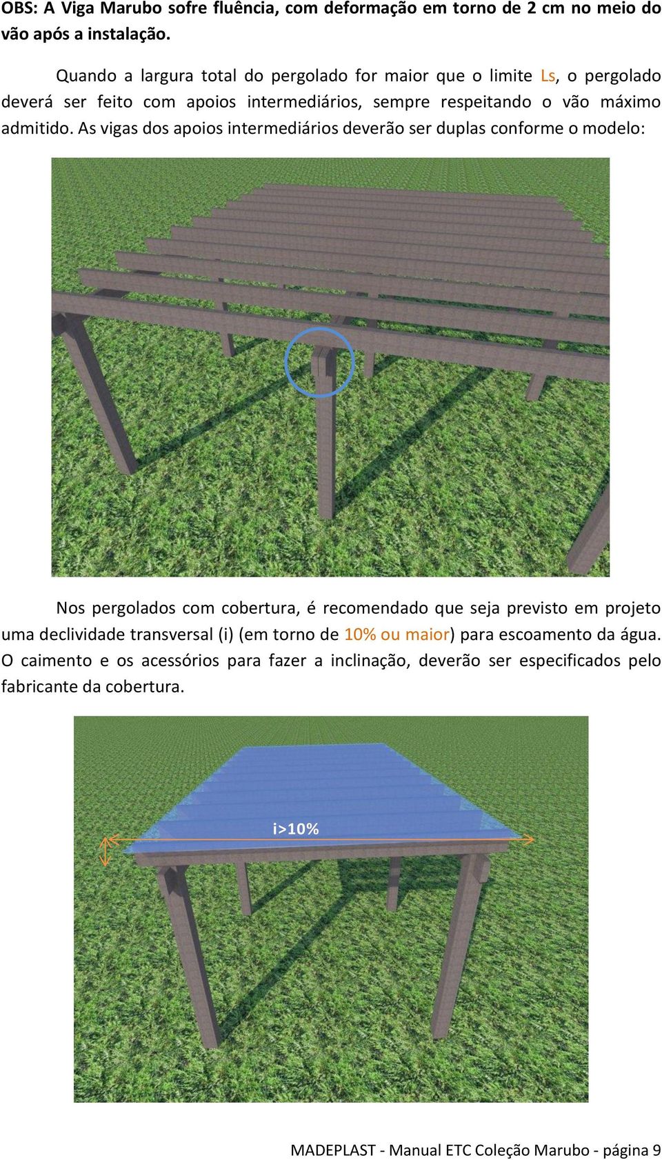 As vigas dos apoios intermediários deverão ser duplas conforme o modelo: Nos pergolados com cobertura, é recomendado que seja previsto em projeto uma declividade