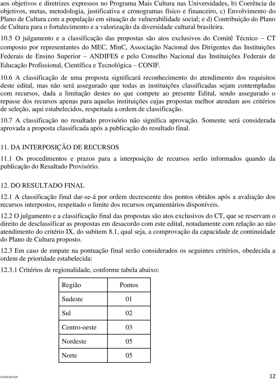 5 O julgamento e a classificação das propostas são atos exclusivos do Comitê Técnico CT composto por representantes do MEC, MinC, Associação Nacional dos Dirigentes das Instituições Federais de