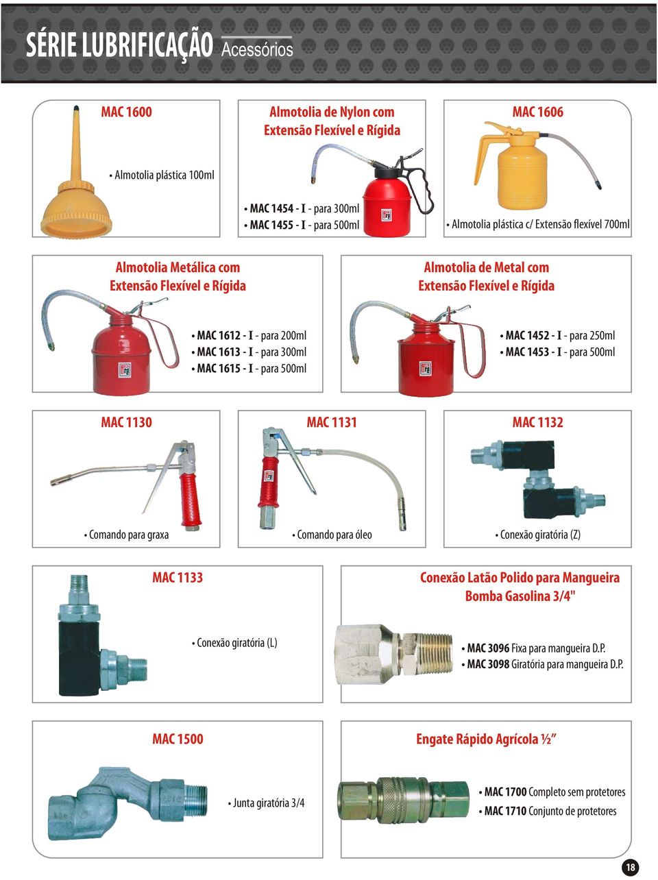 MAC 145 - I - para 50ml MAC 1453 - I - para 500ml MAC 1130 MAC 1131 MAC 113 Comando para graxa Comando para óleo Conexão giratória (Z) MAC 1133 Conexão Latão Polido para Mangueira Bomba Gasolina 3/4"
