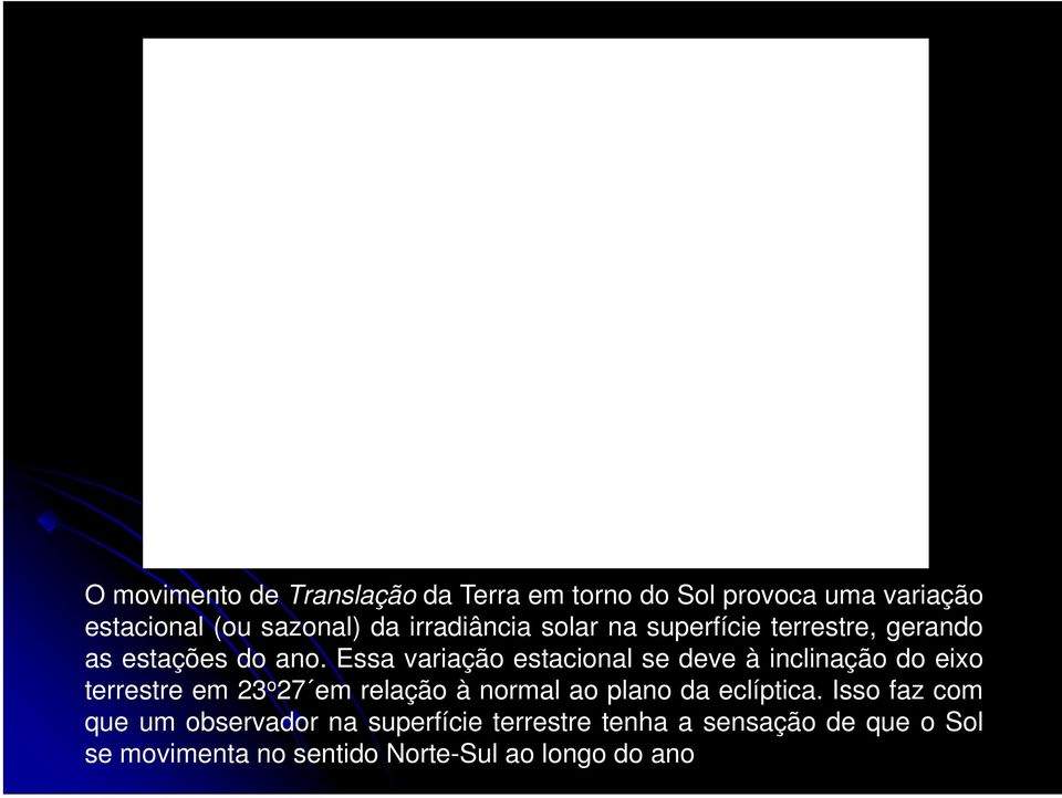 Essa variação estacional se deve à inclinação do eixo terrestre em 23 o 27 em relação à normal ao plano da