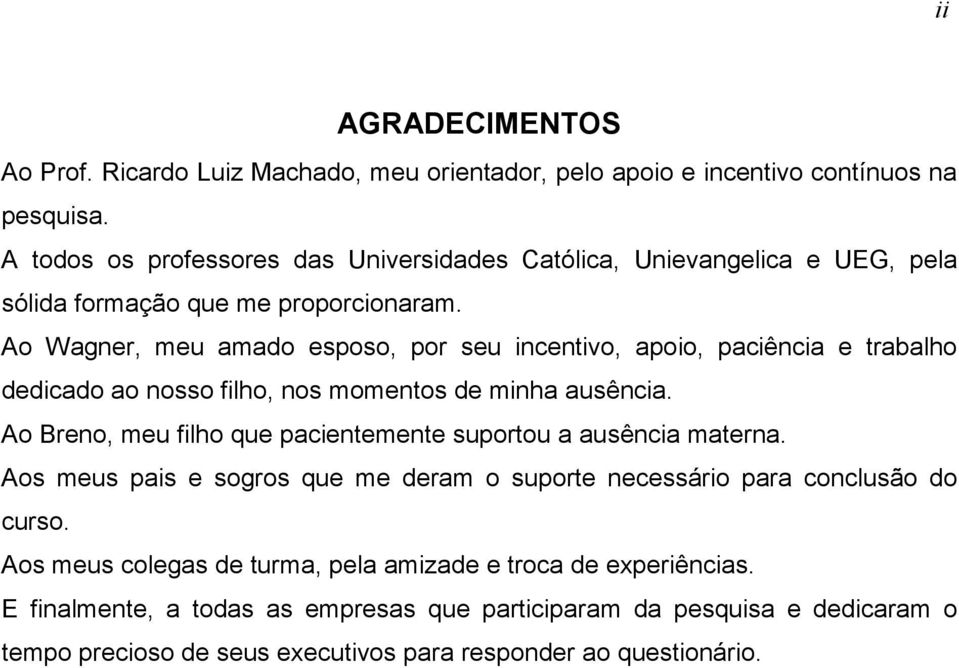 Ao Wagner, meu amado esposo, por seu incentivo, apoio, paciência e trabalho dedicado ao nosso filho, nos momentos de minha ausência.