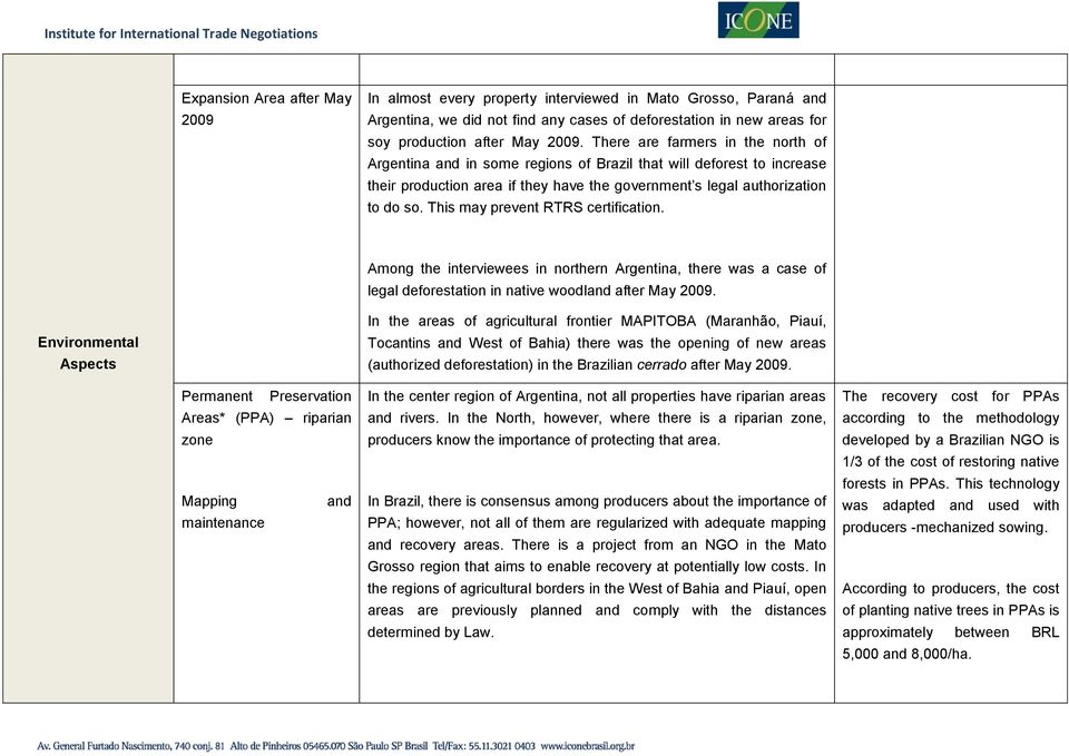 This may prevent RTRS certification. Among the interviewees in northern Argentina, there was a case of legal deforestation in native woodland after May 2009.