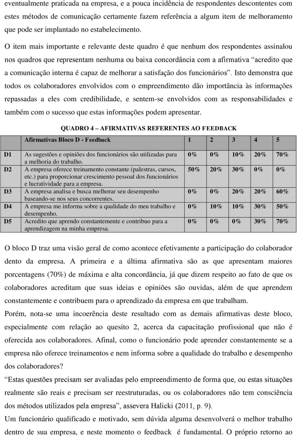 O item mais importante e relevante deste quadro é que nenhum dos respondentes assinalou nos quadros que representam nenhuma ou baixa concordância com a afirmativa acredito que a comunicação interna é