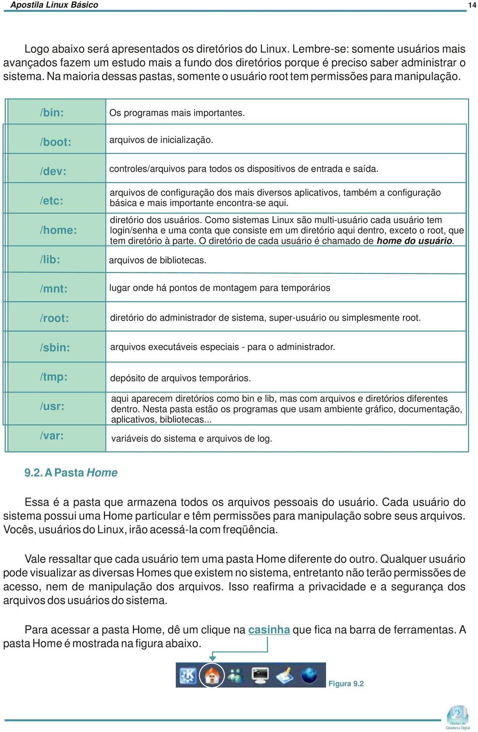 Na maioria dessas pastas, somente o usuário root tem permissões para manipulação. /bin: /boot: /dev: /etc: /home: /lib: /mnt: /root: /sbin: /tmp: /usr: /var: Os programas mais importantes.