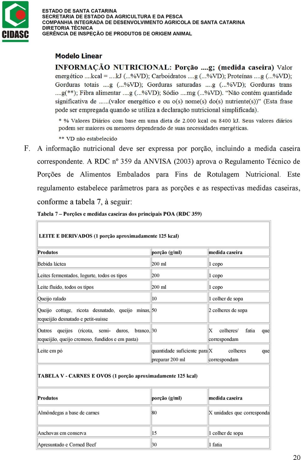 Este regulamento estabelece parâmetros para as porções e as respectivas medidas caseiras, conforme a tabela 7, à seguir: Tabela 7 Porções e medidas caseiras dos principais POA (RDC 359) LEITE E