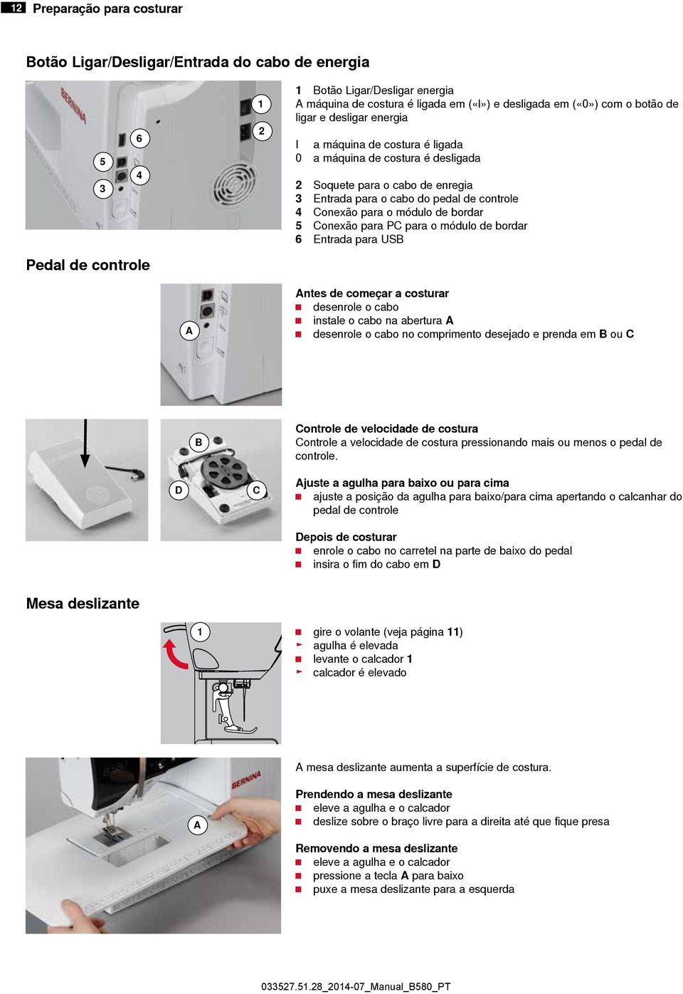 módulo de bordar 5 Conexão para PC para o módulo de bordar 6 Entrada para USB A Antes de começar a costurar desenrole o cabo instale o cabo na abertura A desenrole o cabo no comprimento desejado e