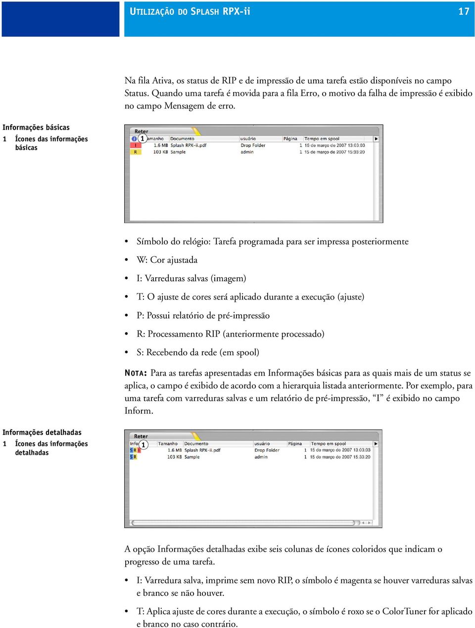 Informações básicas 1 Ícones das informações básicas 1 Símbolo do relógio: Tarefa programada para ser impressa posteriormente W: Cor ajustada I: Varreduras salvas (imagem) T: O ajuste de cores será