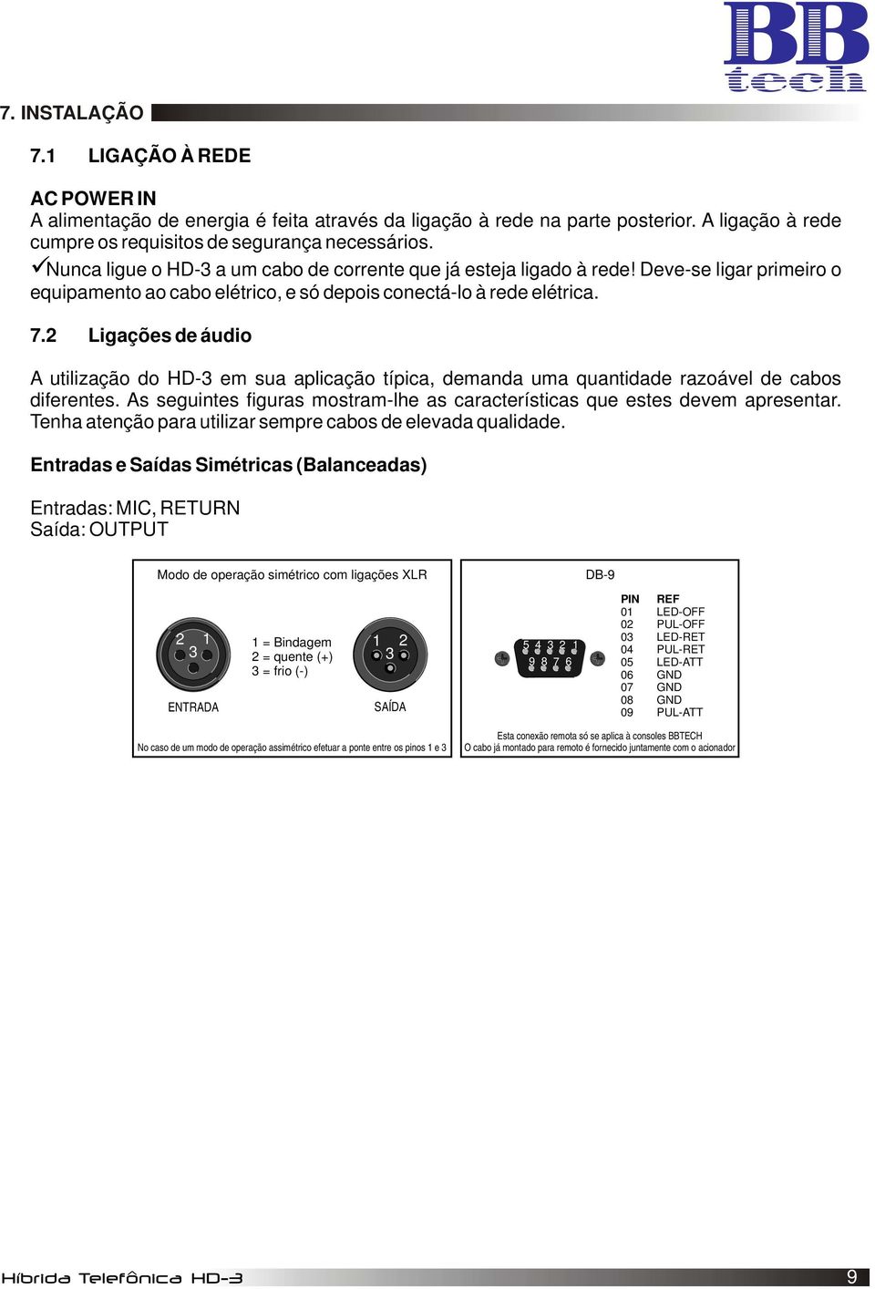 2 Ligações de áudio A utilização do HD-3 em sua aplicação típica, demanda uma quantidade razoável de cabos diferentes. As seguintes figuras mostram-lhe as características que estes devem apresentar.