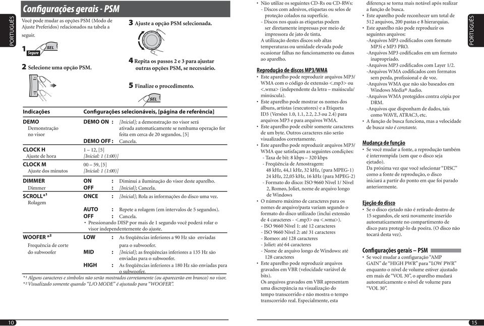 Indicações Configurações selecionáveis, [página de referência] DEMO DEMO ON : [Inicial]; a demonstração no visor será Demonstração ativada automaticamente se nenhuma operação for no visor feita em