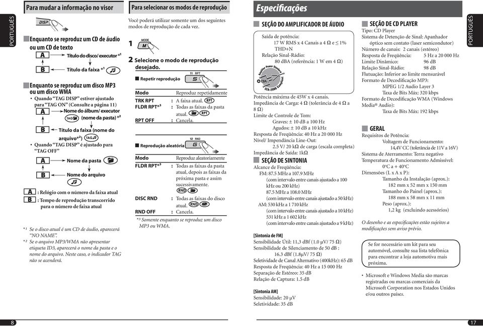 DISP é ajustado para TAG OFF Nome da pasta Nome do arquivo : Relógio com o número da faixa atual : Tempo de reprodução transcorrido para o número de faixa atual *¹ Se o disco atual é um CD de áudio,