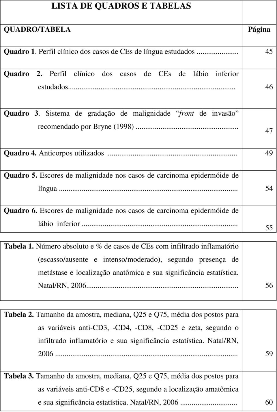 Escores de malignidade nos casos de carcinoma epidermóide de língua... 54 Quadro 6. Escores de malignidade nos casos de carcinoma epidermóide de lábio inferior... 55 Tabela 1.