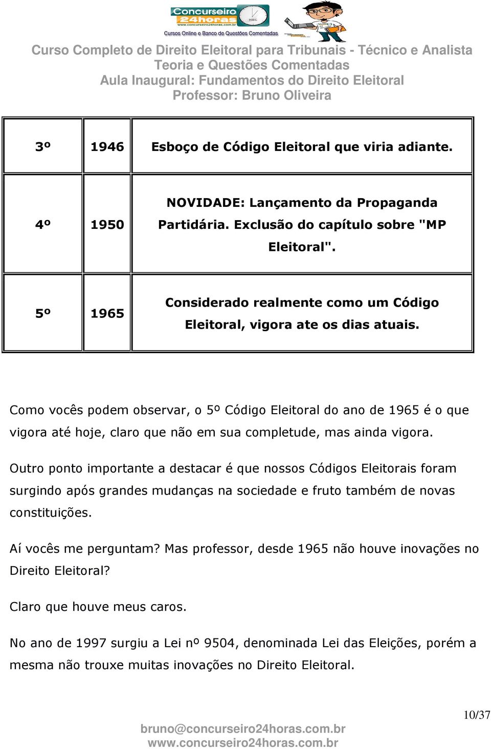 Como vocês podem observar, o 5º Código Eleitoral do ano de 1965 é o que vigora até hoje, claro que não em sua completude, mas ainda vigora.