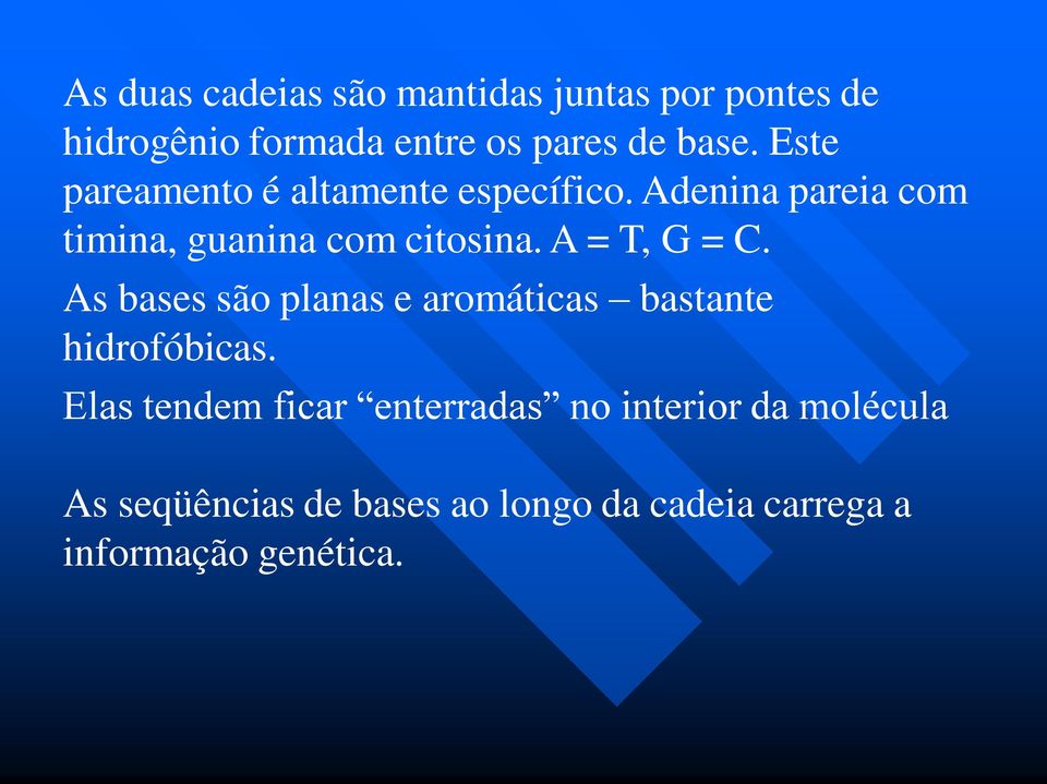 A = T, G = C. As bases são planas e aromáticas bastante hidrofóbicas.