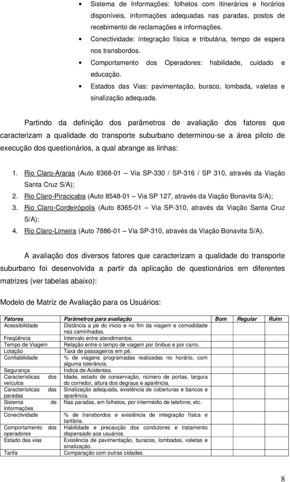 Estados das Vias: pavimentação, buraco, lombada, valetas e sinalização adequada.