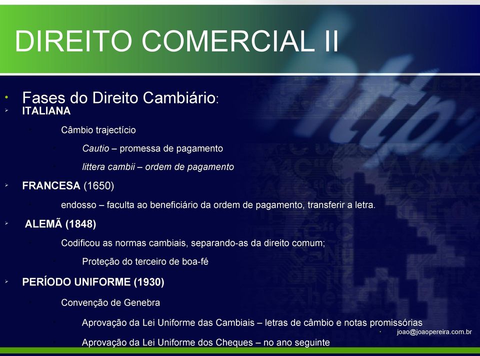 ALEMÃ (1848) Codificou as normas cambiais, separando-as da direito comum; Proteção do terceiro de boa-fé PERÍODO UNIFORME (1930)