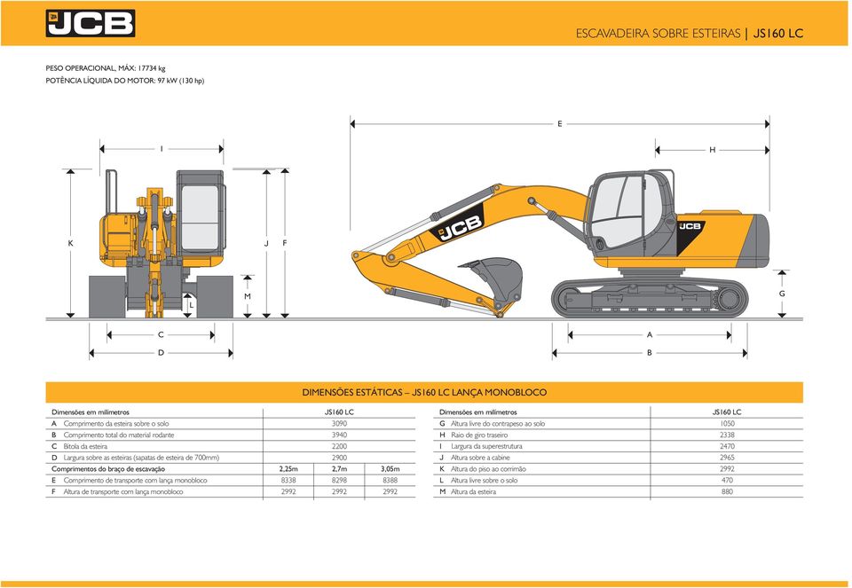 com lança monobloco F Altura de transporte com lança monobloco 2,25m 8338 2992 JS160 LC 3090 3940 2200 2900 2,7m 8298 2992 3,05m 8388 2992 Dimensões em milímetros G Altura livre do contrapeso ao