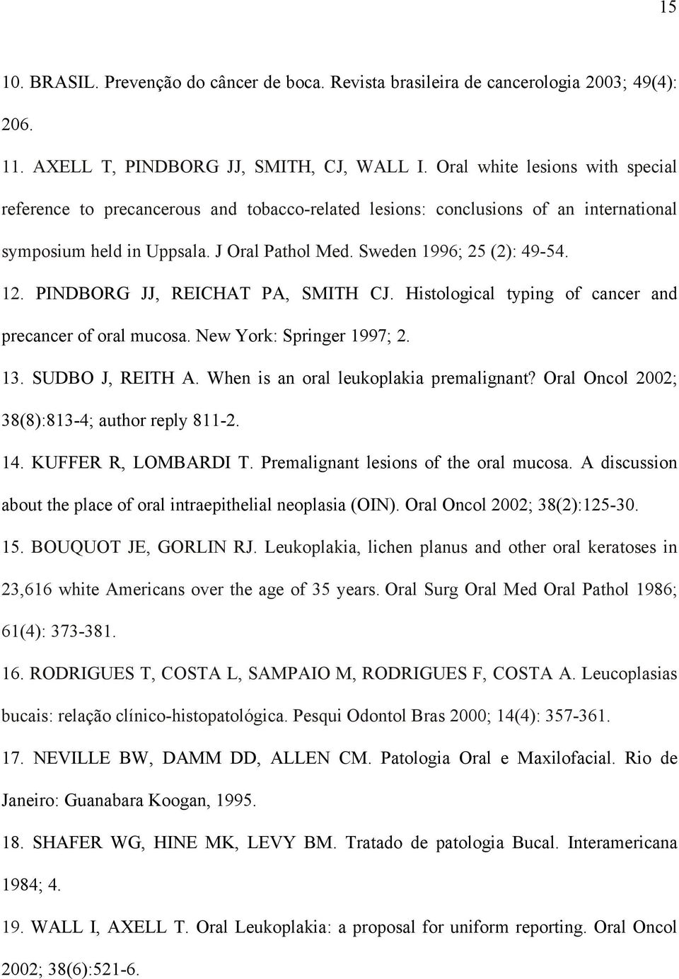 PINDBORG JJ, REICHAT PA, SMITH CJ. Histological typing of cancer and precancer of oral mucosa. New York: Springer 1997; 2. 13. SUDBO J, REITH A. When is an oral leukoplakia premalignant?