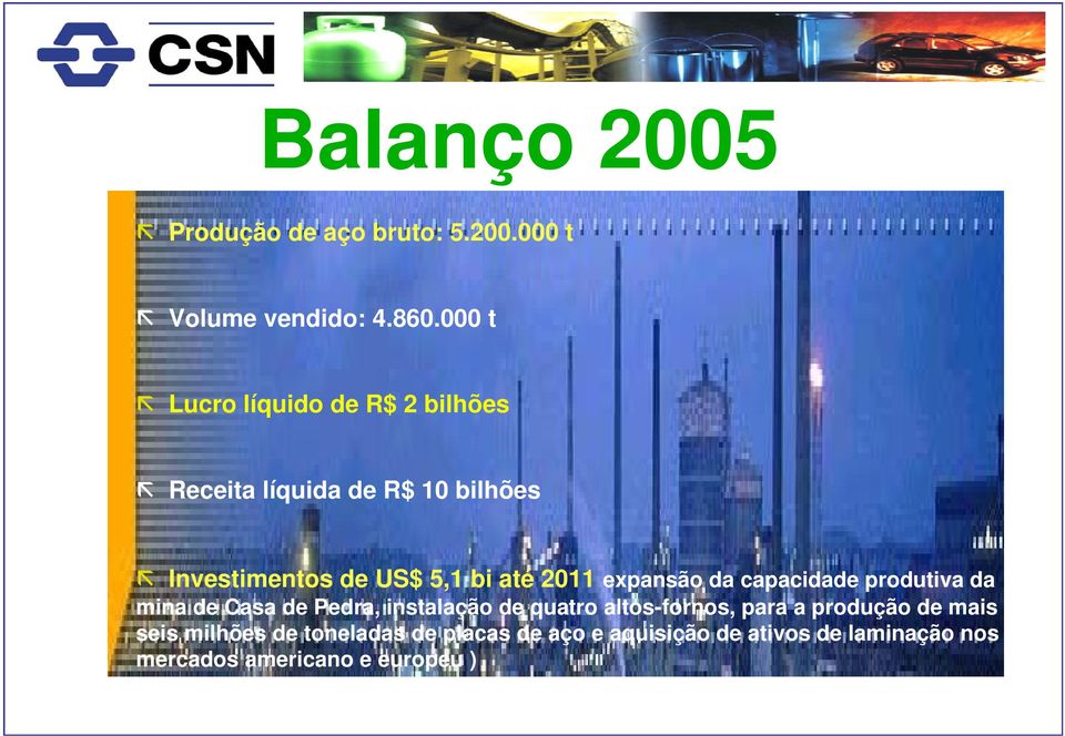 2011 expansão da capacidade produtiva da mina de Casa de Pedra, instalação de quatro altos-fornos,