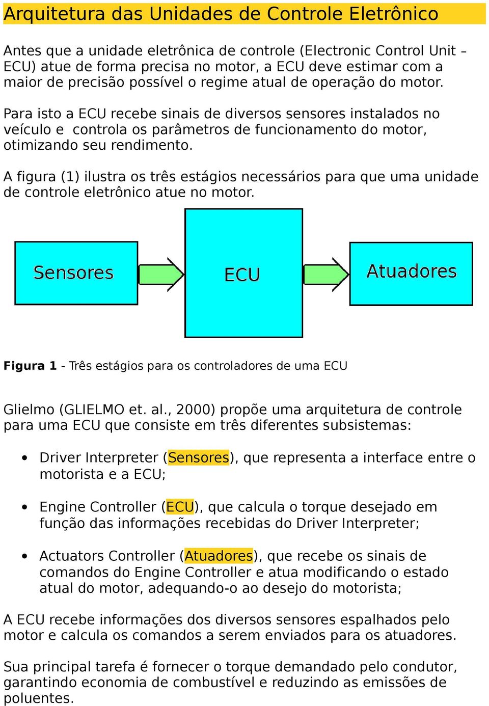 A figura (1) ilustra os três estágios necessários para que uma unidade de controle eletrônico atue no motor. Figura 1 - Três estágios para os controladores de uma ECU Glielmo (GLIELMO et. al.