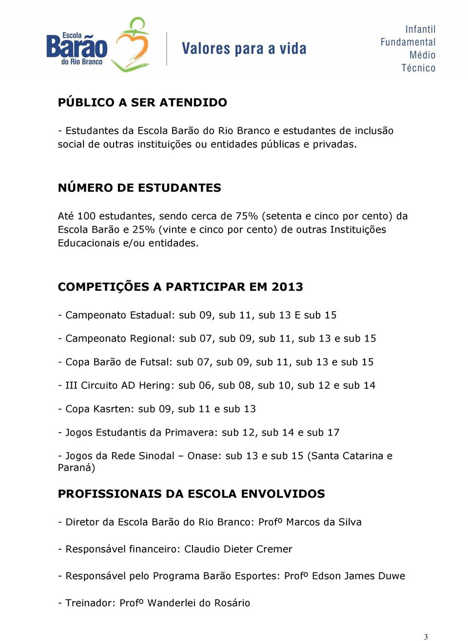 COMPETIÇÕES A PARTICIPAR EM 2013 - Campeonato Estadual: sub 09, sub 11, sub 13 E sub 15 - Campeonato Regional: sub 07, sub 09, sub 11, sub 13 e sub 15 - Copa Barão de Futsal: sub 07, sub 09, sub 11,