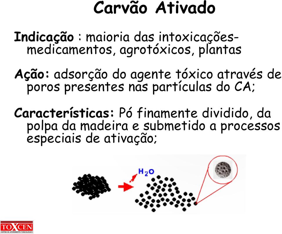 poros presentes nas partículas do CA; Características: Pó finamente