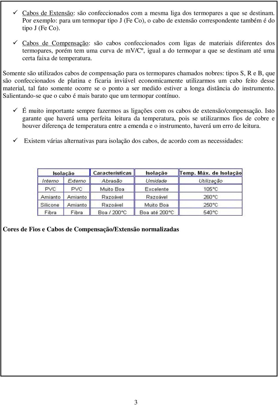 Somente são utilizados cabos de compensação para os termopares chamados nobres: tipos S, R e B, que são confeccionados de platina e ficaria inviável economicamente utilizarmos um cabo feito desse