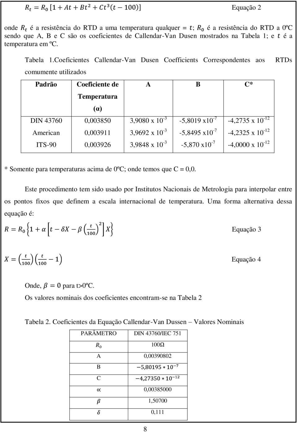 Coeficientes Callendar-Van Dusen Coefficients Correspondentes aos comumente utilizados Padrão Coeficiente de A B C* Temperatura (α) DIN 43760 0,003850 3,9080 x 10-3 -5,8019 x10-7 -4,2735 x 10-12