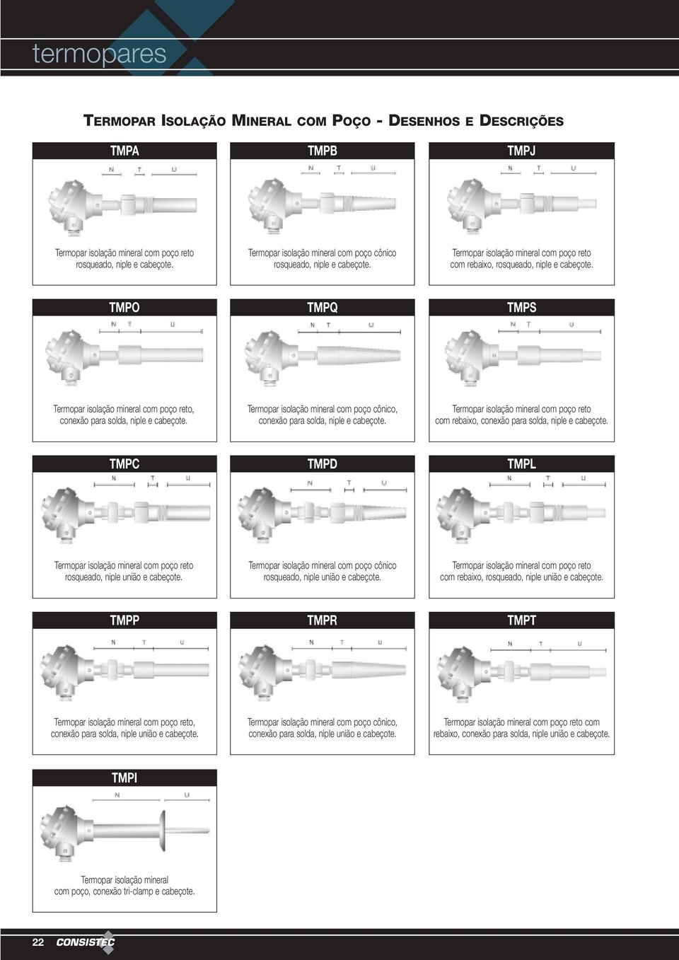 TMPO TMPQ TMPS Termopar isolação mineral com poço reto, conexão para solda, niple e cabeçote. Termopar isolação mineral com poço cônico, conexão para solda, niple e cabeçote.