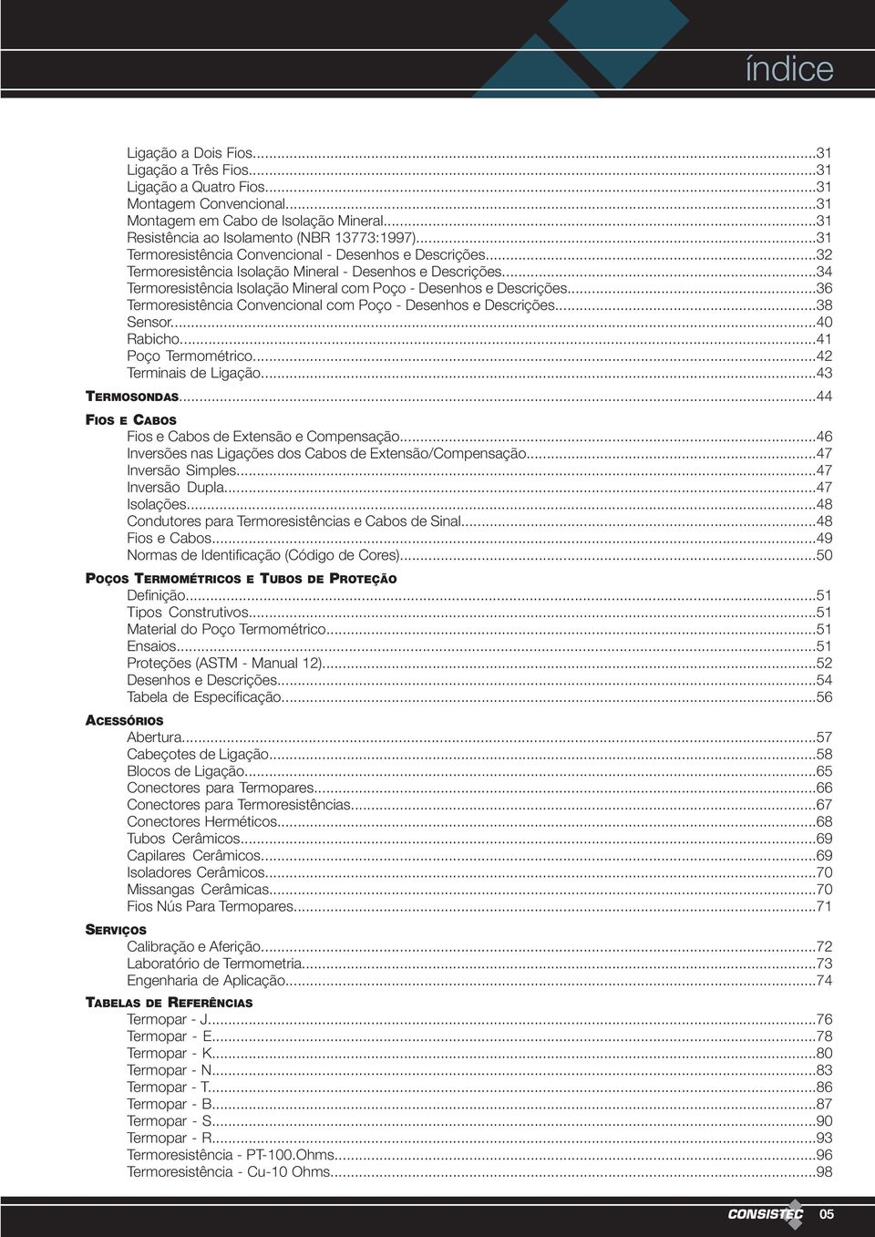 ..36 Termoresistência Convencional com Poço - Desenhos e Descrições...38 Sensor...40 Rabicho...41 Poço Termométrico...42 Terminais de Ligação...43 TERMOSONDAS.