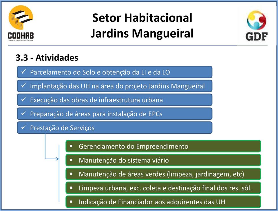 Serviços Gerenciamento do Empreendimento Manutenção do sistema viário Manutenção de áreas verdes (limpeza,