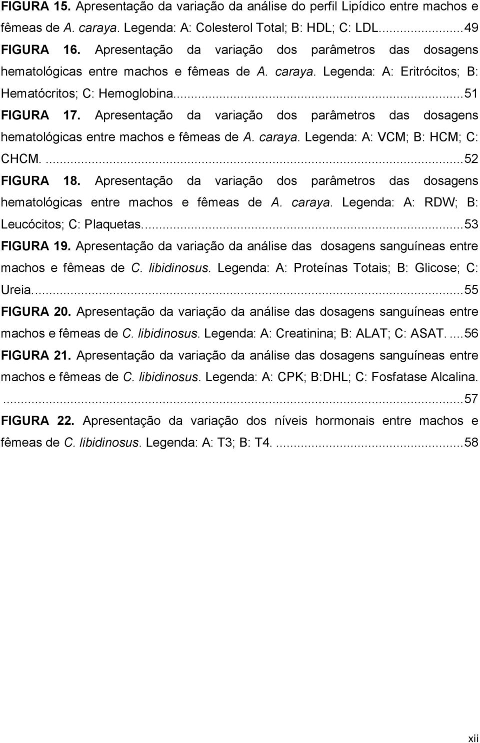 Apresentação da variação dos parâmetros das dosagens hematológicas entre machos e fêmeas de A. caraya. Legenda: A: VCM; B: HCM; C: CHCM.... 52 FIGURA 18.