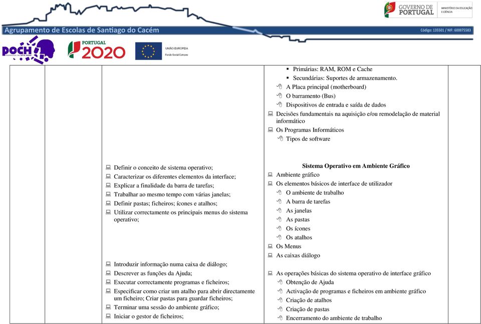 de software Definir o conceito de sistema operativo; Caracterizar os diferentes elementos da interface; Explicar a finalidade da barra de tarefas; Trabalhar ao mesmo tempo com várias janelas; Definir