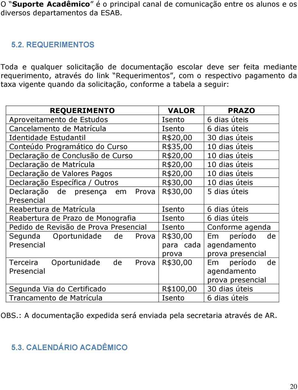 solicitação, conforme a tabela a seguir: REQUERIMENTO VALOR PRAZO Aproveitamento de Estudos Isento 6 dias úteis Cancelamento de Matrícula Isento 6 dias úteis Identidade Estudantil R$20,00 30 dias