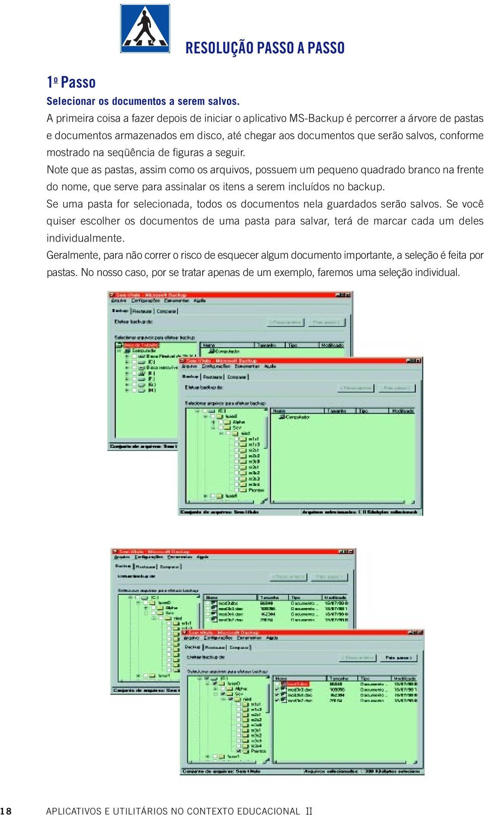 seqüência de figuras a seguir. Note que as pastas, assim como os arquivos, possuem um pequeno quadrado branco na frente do nome, que serve para assinalar os itens a serem incluídos no backup.