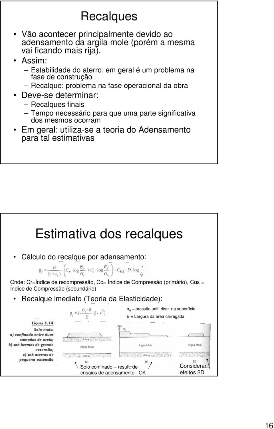 parte significativa dos mesmos ocorram Em geral: utiliza-se a teoria do Adensamento para tal estimativas Estimativa dos recalques Cálculo do recalque por adensamento: Onde: Cr=Índice de