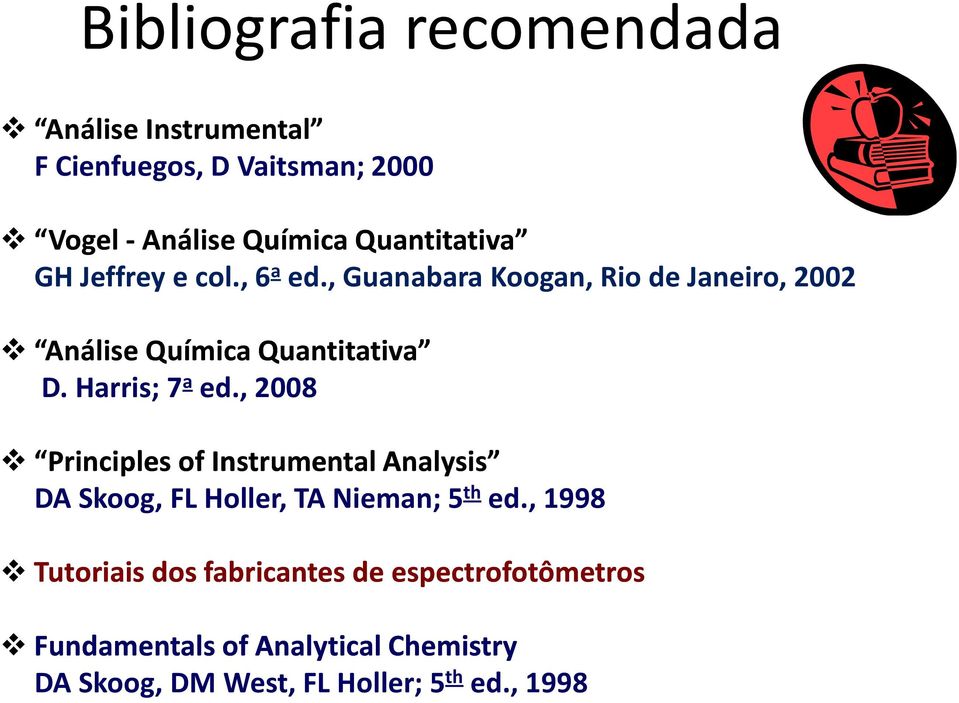 Harris; 7 a ed., 2008 Principles ofinstrumental Analysis DA Skoog, FL Holler, TA Nieman; 5 th ed.