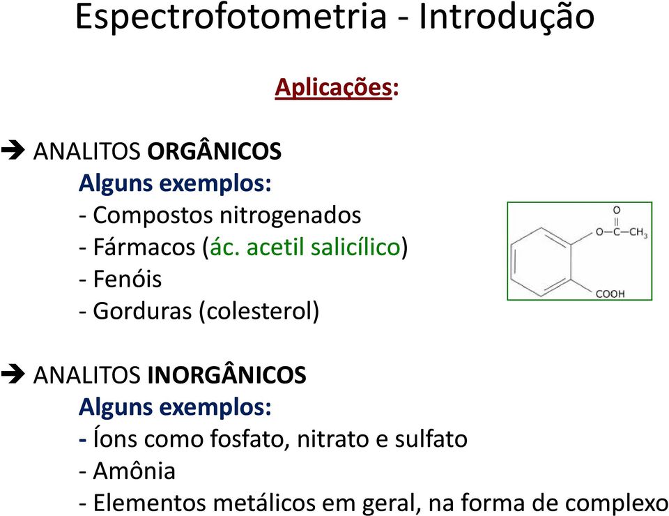 acetil salicílico) -Fenóis - Gorduras (colesterol) ANALITOS INORGÂNICOS