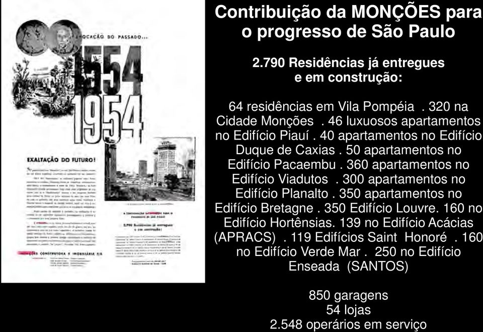 360 apartamentos no Edifício Viadutos. 300 apartamentos no Edifício Planalto. 350 apartamentos no Edifício Bretagne. 350 Edifício Louvre.