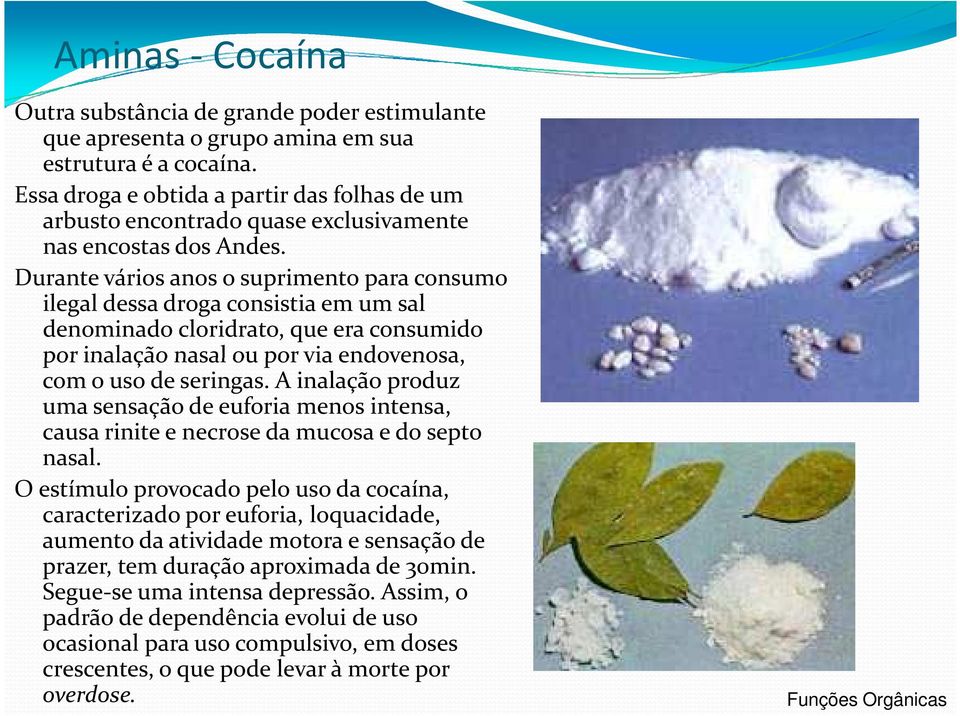 Durante vários anos o suprimento para consumo ilegal dessa droga consistia em um sal denominado cloridrato, que era consumido por inalação nasal ou por via endovenosa, com o uso de seringas.