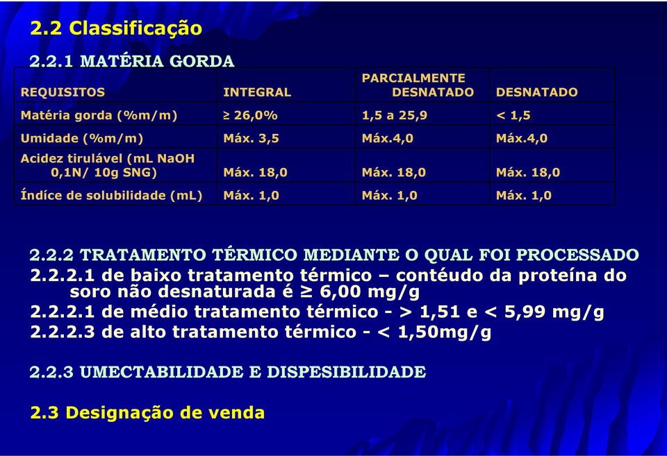 2.2 TRATAMENTO TÉRMICO MEDIANTE O QUAL FOI PROCESSADO 2.2.2.1 de baixo tratamento térmico contéudo da proteína do soro não desnaturada é 6,00 mg/g 2.2.2.1 de médio tratamento térmico - > 1,51 e < 5,99 mg/g 2.