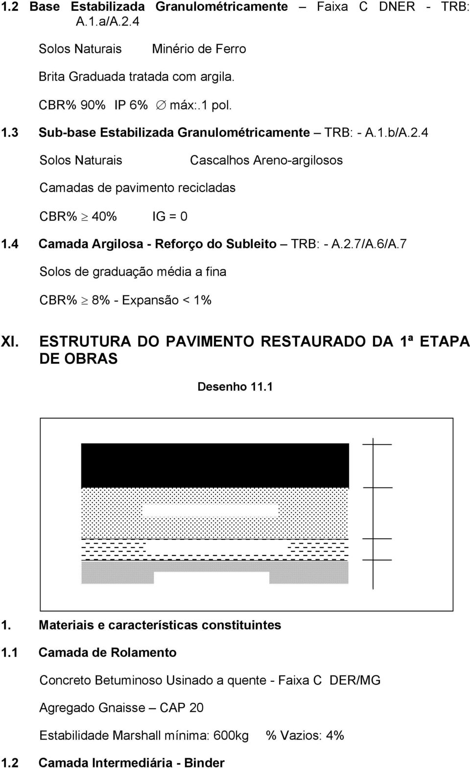 4 Camada Argilosa - Reforço do Subleito TRB: - A.2.7/A.6/A.7 Solos de graduação média a fina CBR% 8% - Expansão < 1% XI. ESTRUTURA DO PAVIMENTO RESTAURADO DA 1ª ETAPA DE OBRAS Desenho 11.